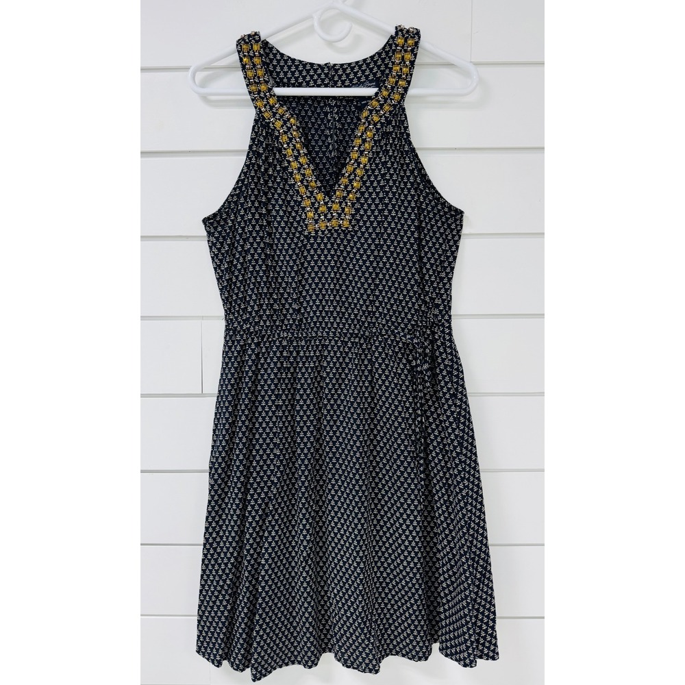 Lucky Brand Navy Blue Studded V-Neck Halter Mini Dress Boho Print Small